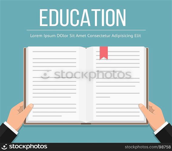 Male hands holding book, flat design, vector eps10 illustration. Male hands holding book, education concept, reading, flat design, vector eps10 illustration
