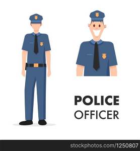 Male ?haracter Policeman Head Shot and Full Length. Smiling Police Officer. Man Wear Professional Clothes Uniform. Citizen Protection Guard Picture Set. Flat Cartoon Vector Illustration. Male ?haracter Policeman Head Shot and Full Length