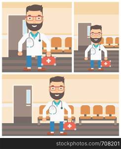 Male hipster doctor in uniform with first aid kit standing in the hospital corridor. Vector flat design Illustration. Square, horizontal, vertical layouts.. Doctor with first aid box.