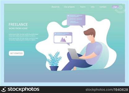 Male hipster freelancer at home or office,comfortable workplace,banner template about freelance ,flat vector illustration.