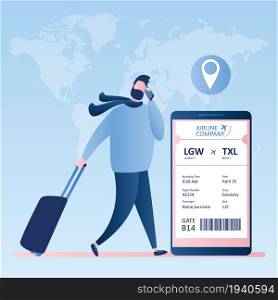Male hipster traveller with suitcase and smartphone,online check-in,Airline boarding pass ticket with barcode code on mobile phone screen,Vector illustration in trendy style