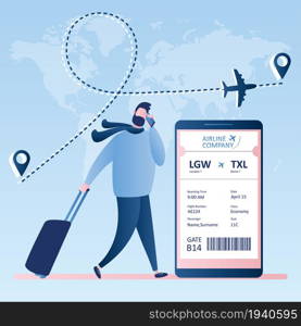 Male hipster traveller with suitcase and smartphone,online check-in,Airline boarding pass ticket with barcode code on mobile phone screen,Vector illustration in trendy style