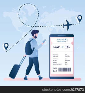 Male hipster traveller with suitcase and smartphone,online check-in,Airline boarding pass ticket with barcode code on mobile phone screen,Vector illustration in trendy style.