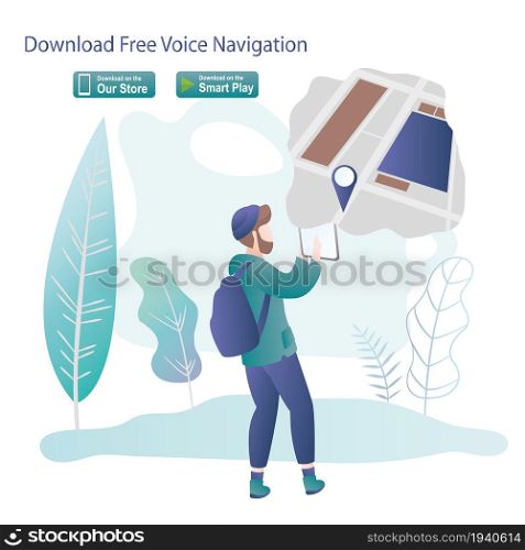 Male hipster using tablet pc,traveller character,navigation application,trendy style vector illustration