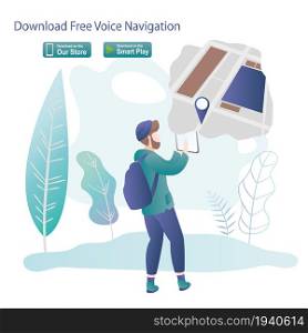 Male hipster using tablet pc,traveller character,navigation application,trendy style vector illustration