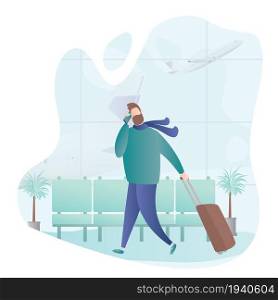 Male hipster with suitcase and smartphone in airport,take off airplane on background,trendy simple style,outdoor flat vector illustration
