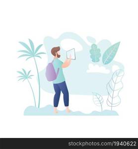 Male hipster with tablet pc,tropical landscape on background,trendy style vector illustration