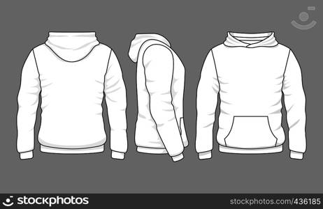 Male hoodie sweatshirt in front, back and side views. Vector sweatshirt or sportswear clothing with hood illustration. Male hoodie sweatshirt in front, back and side views