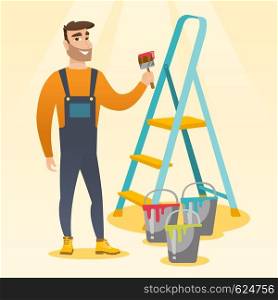 Male house painter holding a paintbrush. House painter with paintbrush in hand standing near step-ladder and paint cans. Concept of house renovation. Vector flat design illustration. Square layout.. Painter with paint brush vector illustration.