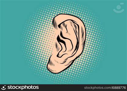 Male human ear. Pop art retro vector illustration. Male human ear Pop art retro