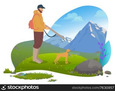 Male hunter with gun and dog. Huntsman standing on grassy meadow against mountain landscape. Guy with pet outdoor activity. Vector illustration in flat cartoon style. Male Hunter with Gun and Dog, Mountains Vector