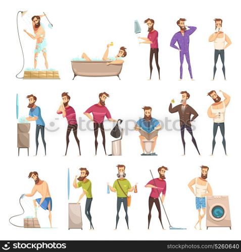 Male Hygiene Cartoon Retro Style Set . Male hygiene set in cartoon retro style with bearded person in various cleaning activities isolated vector illustration