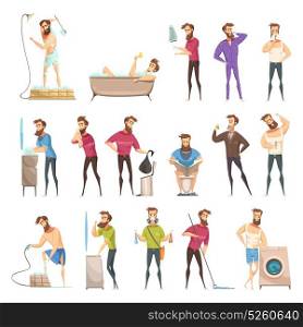 Male Hygiene Cartoon Retro Style Set . Male hygiene set in cartoon retro style with bearded person in various cleaning activities isolated vector illustration