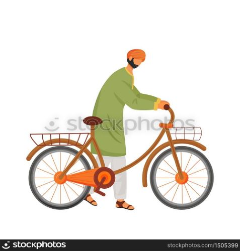 Male Indian with bicycle flat color vector faceless character. Cyclist, hindu with bike, man with eco friendly vehicle isolated cartoon illustration for web graphic design and animation