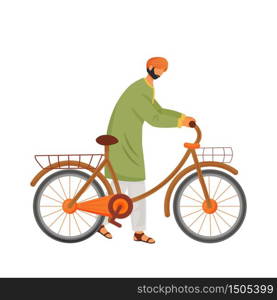 Male Indian with bicycle flat color vector faceless character. Cyclist, hindu with bike, man with eco friendly vehicle isolated cartoon illustration for web graphic design and animation