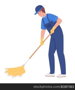 Male janitor properly mopping floor semi flat color vector character. Cleaner. Editable figure. Full body person on white. Simple cartoon style illustration for web graphic design and animation. Male janitor properly mopping floor semi flat color vector character