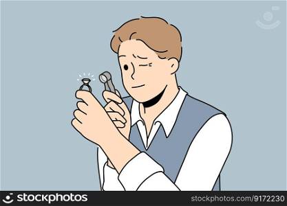 Male jeweler with magnifier look at gem. Gemmologist evaluate precious stone with magnifying glass. Jewelry concept. Vector illustration. . Jeweler evaluate gem with magnifier 