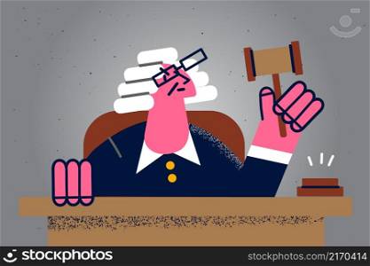 Male judge in wig hold hammer or gavel make verdict in court. Law and justice system. Legislation and power. Courtroom trial or tribunal. Flat vector illustration. . Male judge in wig hold gavel in court