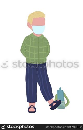 Male kindergartener wearing mask semi flat color vector character. Full body person on white. Returning to primary school isolated modern cartoon style illustration for graphic design and animation. Male kindergartener wearing mask semi flat color vector character