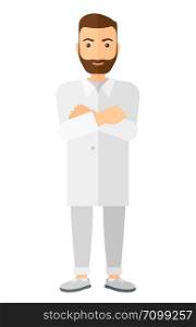 Male laboratory assistant vector flat design illustration isolated on white background. Vertical layout.. Male laboratory assistant.