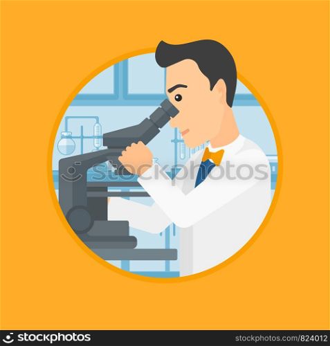 Male laboratory assistant working with microscope at the laboratory. Young scientist using a microscope in a laboratory. Vector flat design illustration in the circle isolated on background.. Laboratory assistant with microscope.