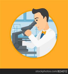 Male laboratory assistant working with microscope at the laboratory. Young scientist using a microscope in a laboratory. Vector flat design illustration in the circle isolated on background.. Laboratory assistant with microscope.