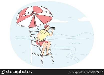 Male lifeguard sitting on chair on beach looking in binoculars. Man lifesaver on tower at seashore. Safety rescuer and sea help . Vector illustration.. Male lifeguard on tower on beach