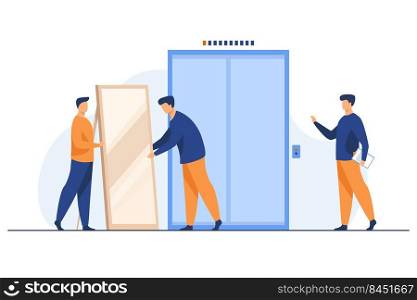 Male loaders carrying big mirror to elevator. Men with furniture in building hall flat vector illustration. Moving to new apartment, delivery concept for banner, website design or landing web page