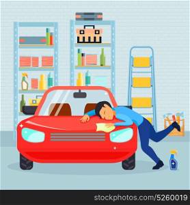 Male Love His Car Composition. Colored flat male love his car composition with man washes his car in the garage vector illustration