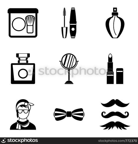 Male makeup icons set. Simple set of 9 male makeup vector icons for web isolated on white background. Male makeup icons set, simple style