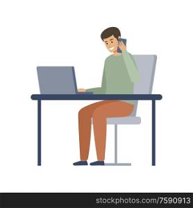 Male manager is working on a computer and talking on the phone. Vector flat illustration