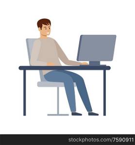 Male manager is working on a computer. Vector flat illustration