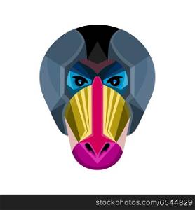 Male Mandrill Head Flat Icon. Flat icon illustration of mascot head of a mandrill, a primate of the Old World monkey family viewed from front on isolated background in retro style.. Male Mandrill Head Flat Icon