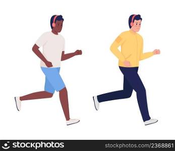 Male marathon runners wearing headphones semi flat color vector characters set. Full body people on white. Simple cartoon style illustration collection for web graphic design and animation. Male marathon runners wearing headphones semi flat color vector characters set