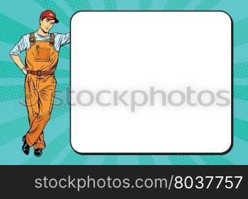 Male mechanic next to the poster pop art retro vector, realistic hand drawn illustration.