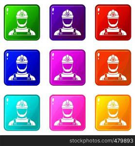 Male miner icons of 9 color set isolated vector illustration. Male miner set 9