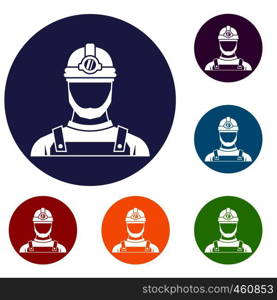 Male miner icons set in flat circle reb, blue and green color for web. Male miner icons set