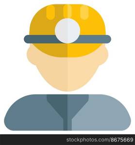 Male miner wearing safety helmet with head lamp