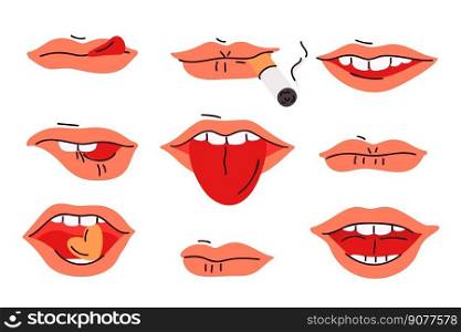 Male mouth expressions. Different lips emotions. Smiles and anger. Smoking cigarettes. Sticking out tongue. Candy in white teeth. Man licking and biting. Garish vector isolated facial elements set. Male mouth expressions. Different lips emotions. Smiles and anger. Smoking cigarettes. Sticking out tongue. Candy in teeth. Man licking and biting. Garish vector facial elements set