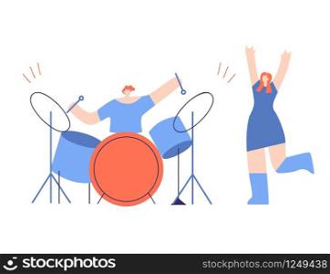 Male Musician Playing Drums, Woman Dancing Gesturing Rock Hand Sign. Live Concert on Stage. Percussion Musical Instruments, Party Time. Rock Festival Vector Illustration. Flat Cartoon on White. Drummer Concert Music People Festival Flat Cartoon