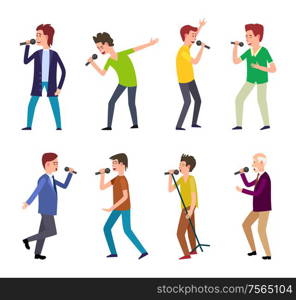 Male musicians, man singing songs people dancing isolated set vector. Entertainment leisure of elderly person holding microphone, expressing emotion. Male Musicians, Man Singing Songs People Dancing