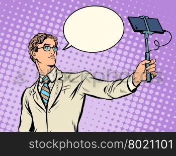 Male narcissist doing selfies pop art retro style. The image of the Greek God Apollo or Narcissus. Businessman and narcissism. Male narcissist doing selfies