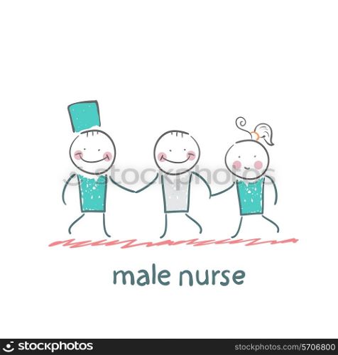 male nurse hold ill patient. Fun cartoon style illustration. The situation of life.