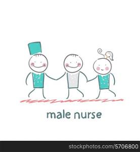 male nurse hold ill patient. Fun cartoon style illustration. The situation of life.