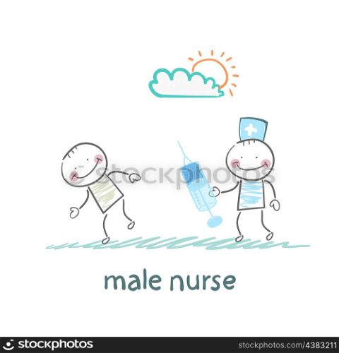 male nurse make an injection syringe ill patient