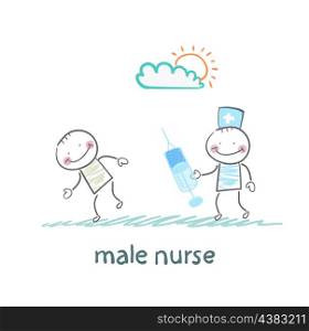 male nurse make an injection syringe ill patient