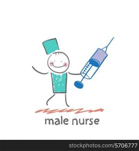 male nurse with a syringe. Fun cartoon style illustration. The situation of life.