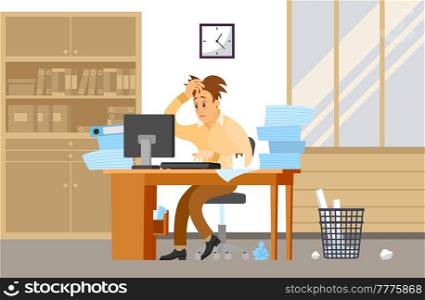 Male office employee is doing paperwork to deal with deadlines. Tired businessman in office with papers and documents trying to finish work at designated time. Stress and difficulties at work. Tired worker in office trying to finish work on time. Employee with computer is doing paperwork