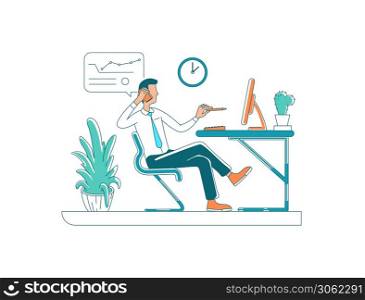 Male office manager flat color vector faceless character. Staff member talk on phone. Company job. Corporate occupation isolated cartoon illustration for web graphic design and animation. Male office manager flat color vector faceless character
