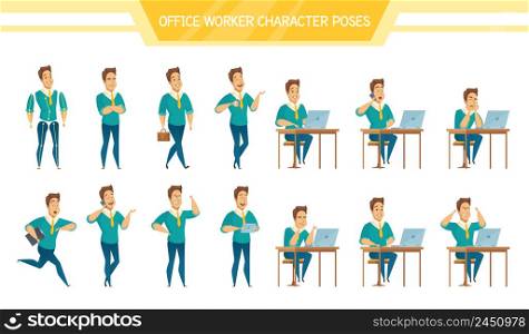 Male office worker poses sitting at computer standing with tablet having coffee brake cartoon characters set vector illustration . Office Worker Male Poses Set